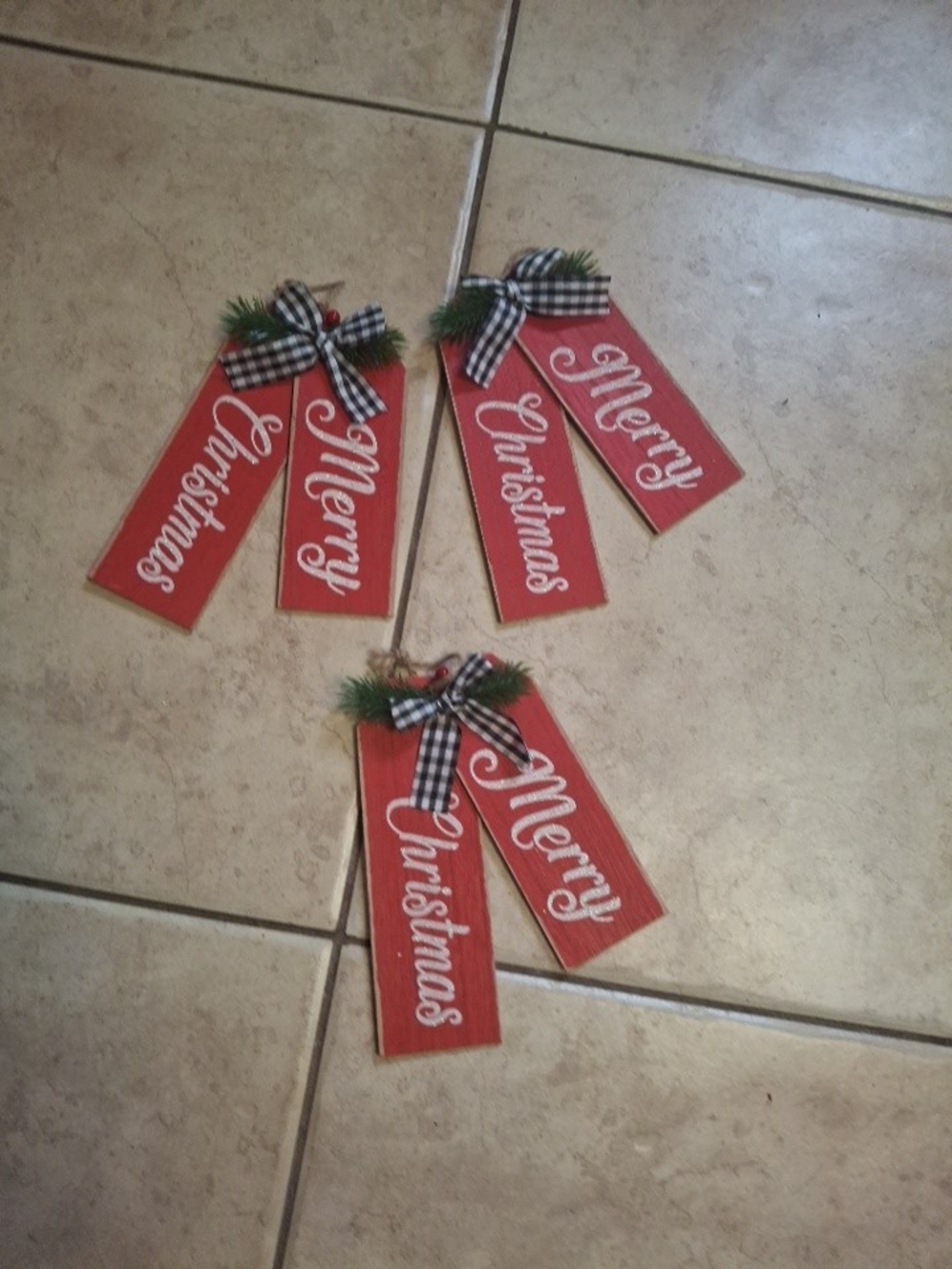 Rustic Red "Merry Christmas" Hanging Tag Ornaments with Gingham Bows